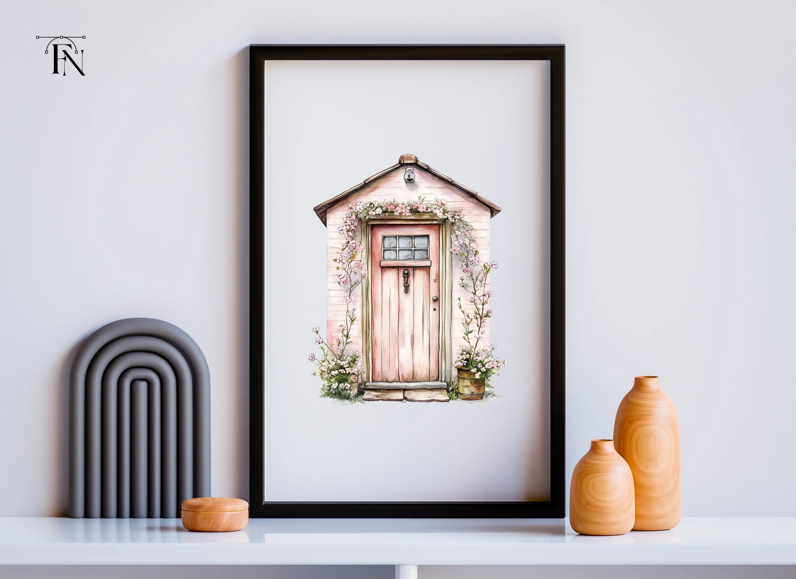 Pink Cottage Door with Blooming Vines Clipart Bundle