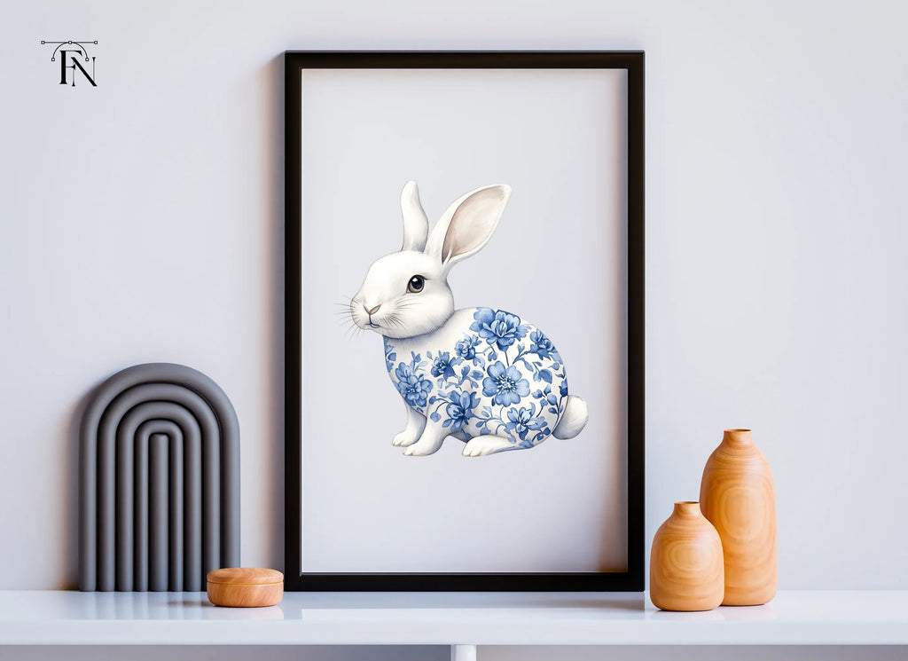 Blue and White Floral Bunny Clipart Bundle