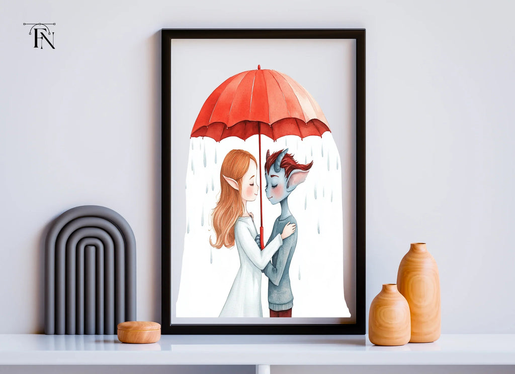 Fantasy Couple Under Red Umbrella Clipart Bundle