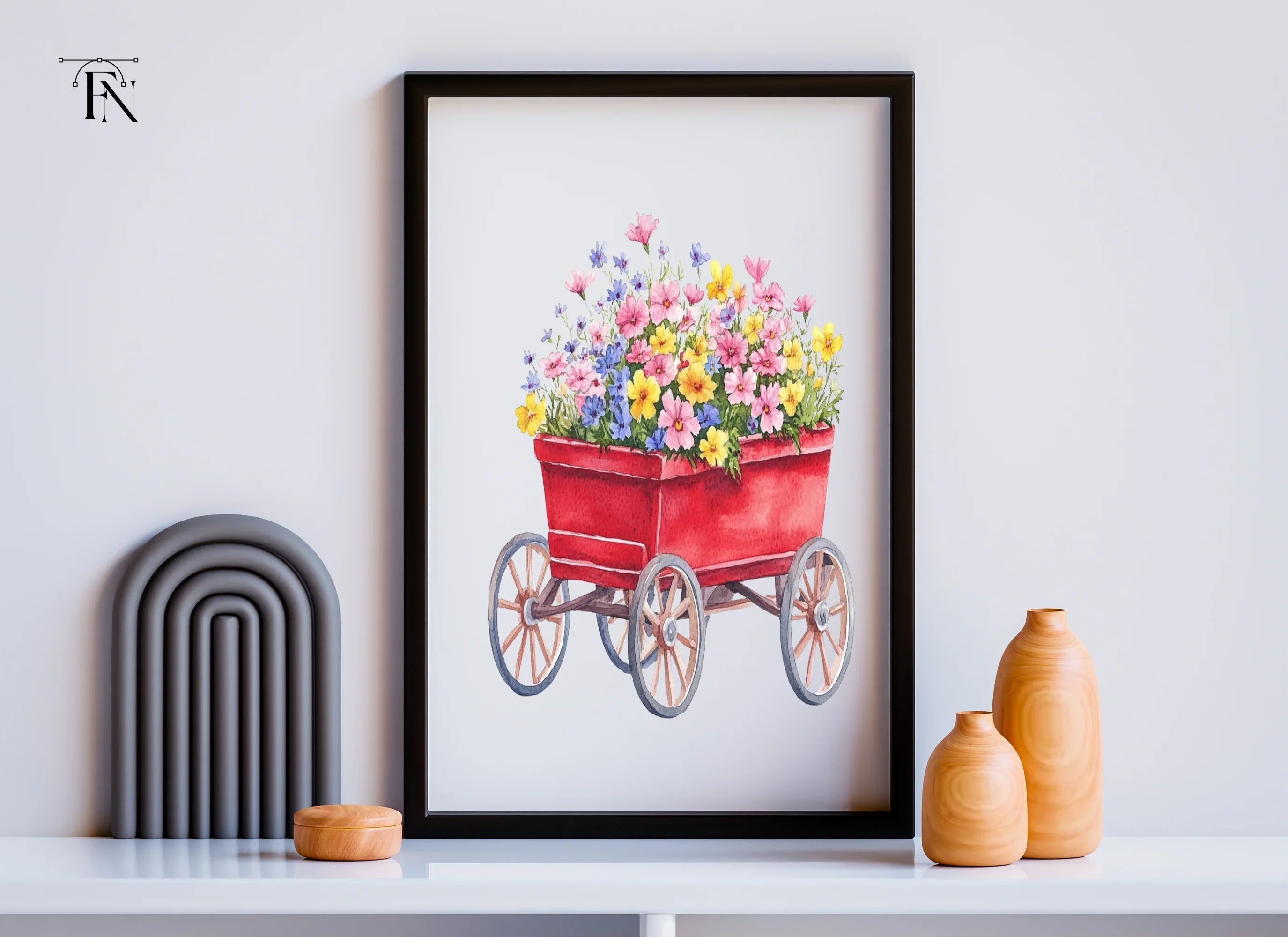 Red Wagon with Spring Flowers Clipart Bundle