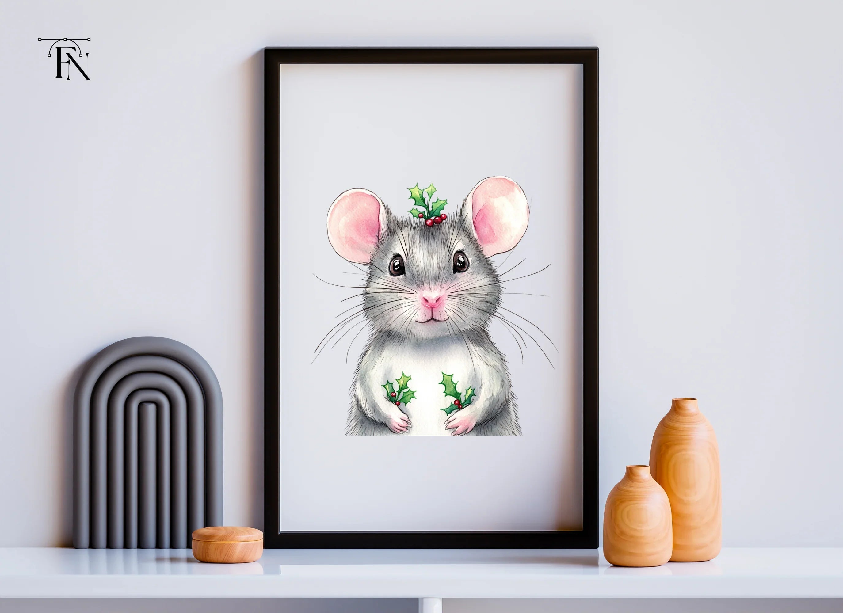 Festive Mouse with Holly Clipart Bundle