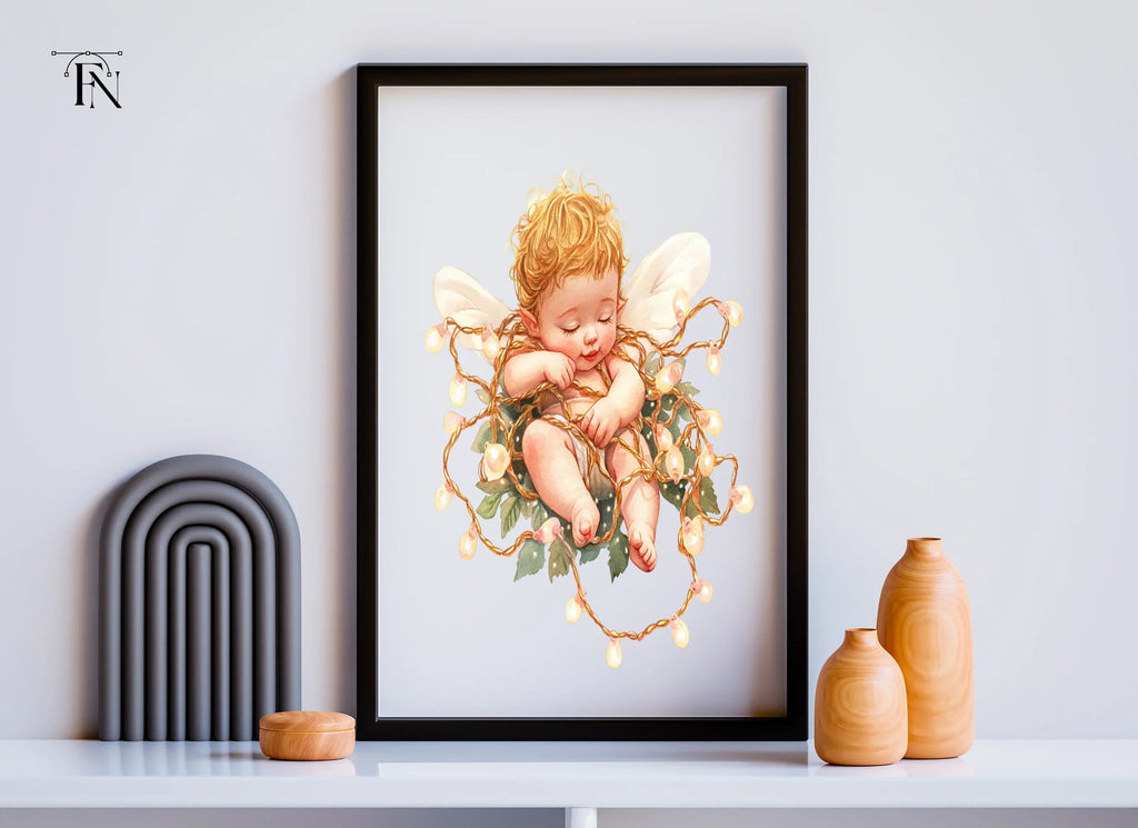 Sleeping Baby Angel with Fairy Lights Clipart Bundle