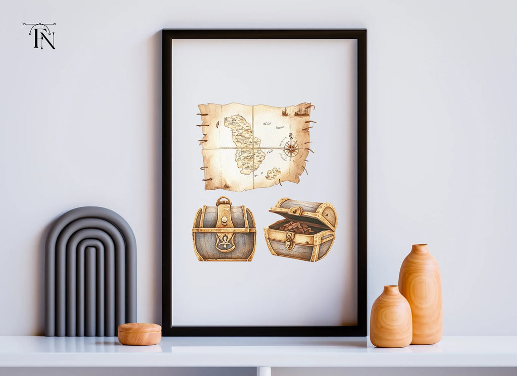 Pirate Treasure Map and Chests Clipart Bundle