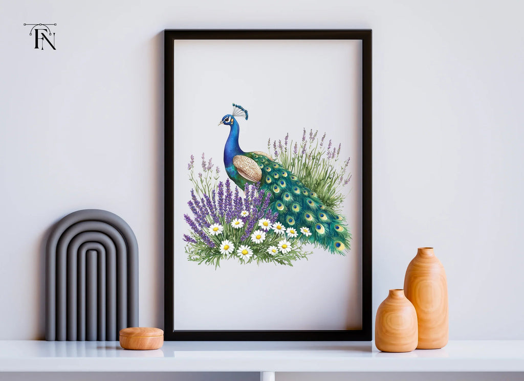 Peacock with Lavender and Daisies Clipart Bundle