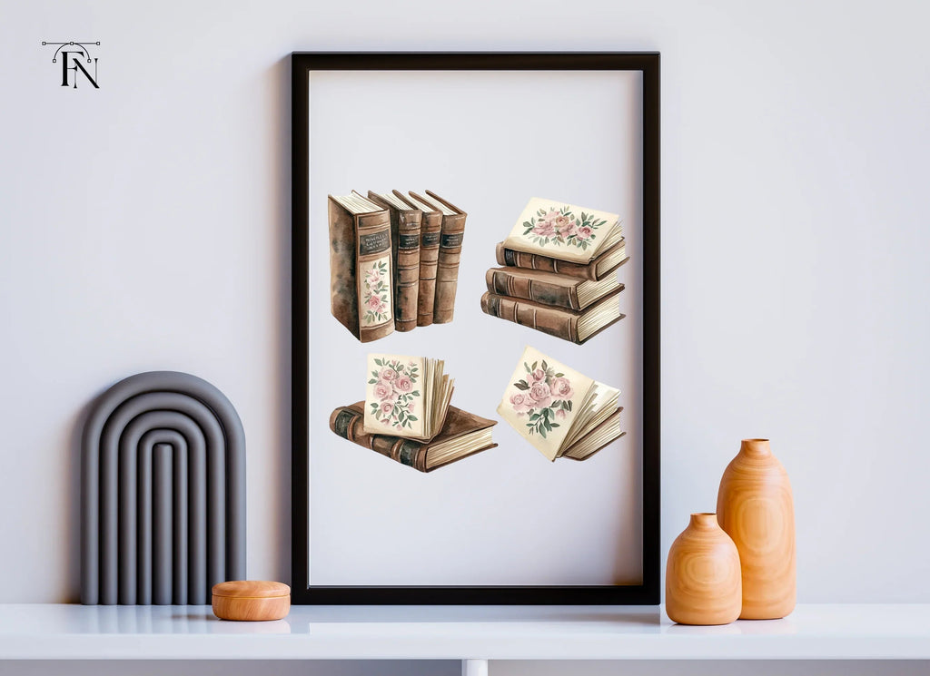 Vintage Floral Accents Books Clipart Bundle