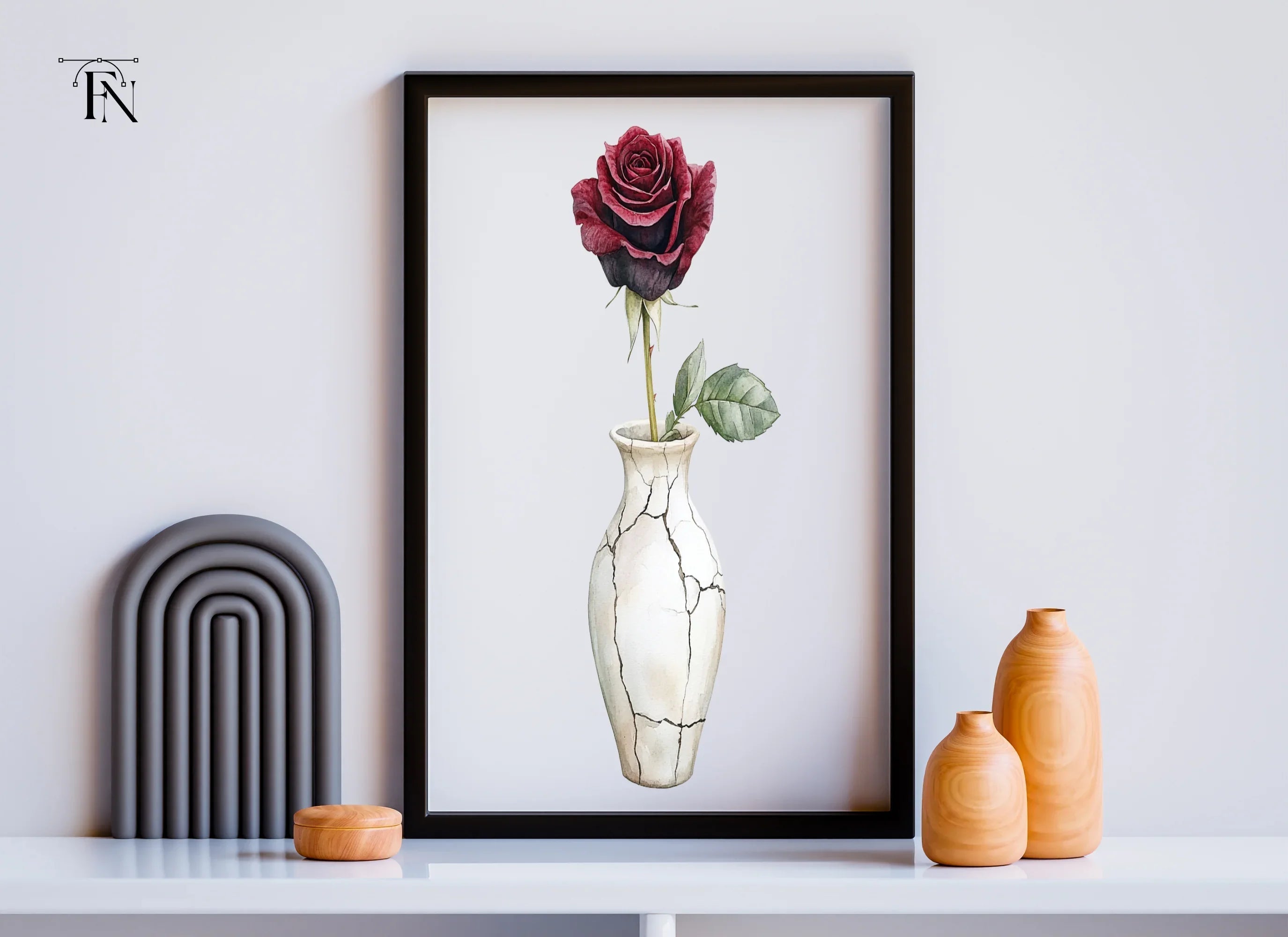 Dark Red Roses in Cracked Vases Clipart Bundle