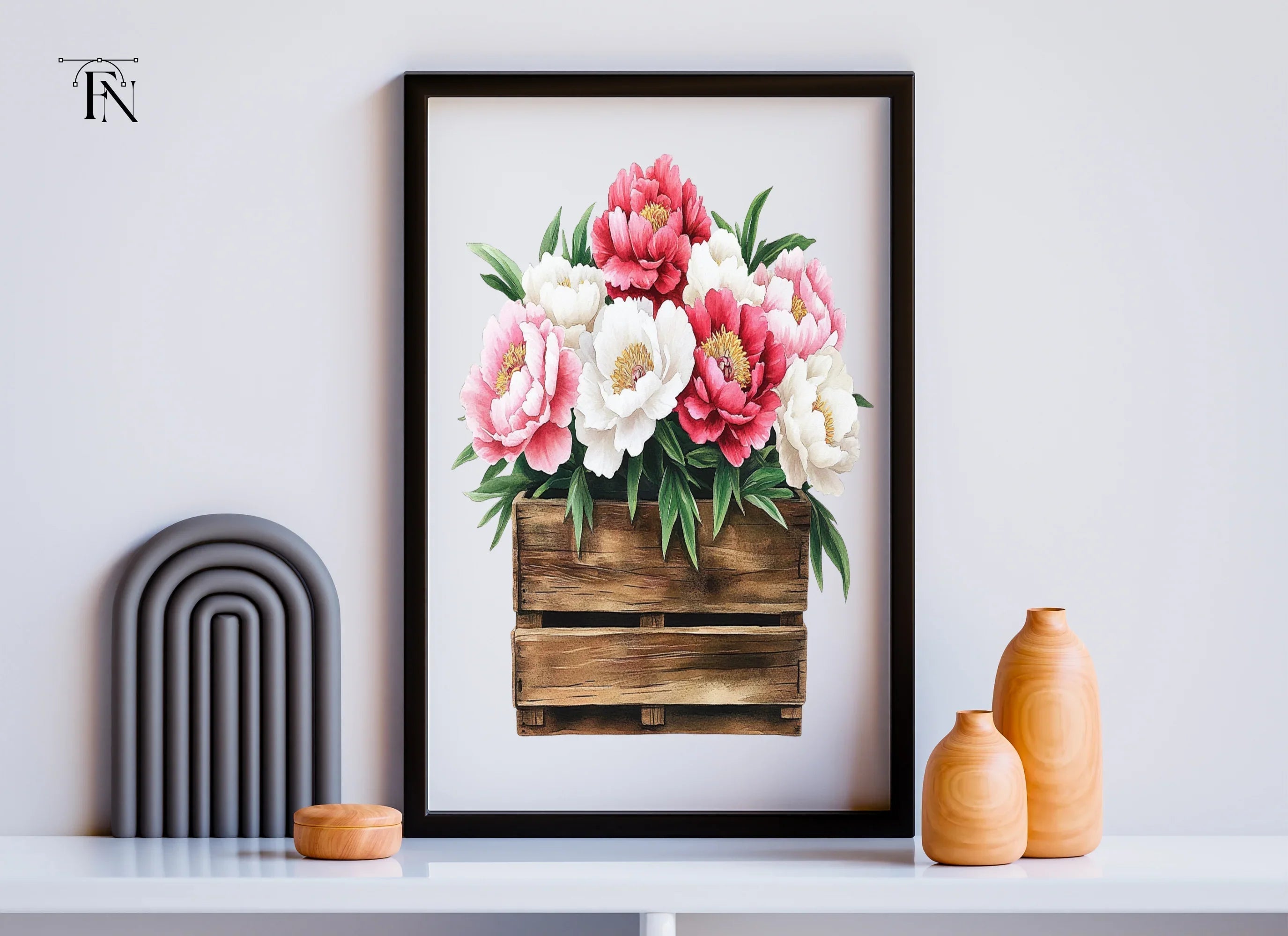 Peony Bouquets in Rustic Wooden Crates Clipart Bundle