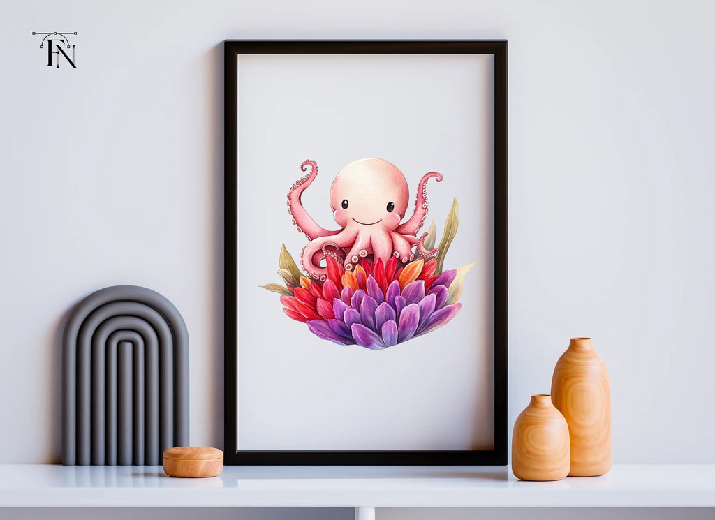 Happy Octopus with Flowers Clipart Bundle