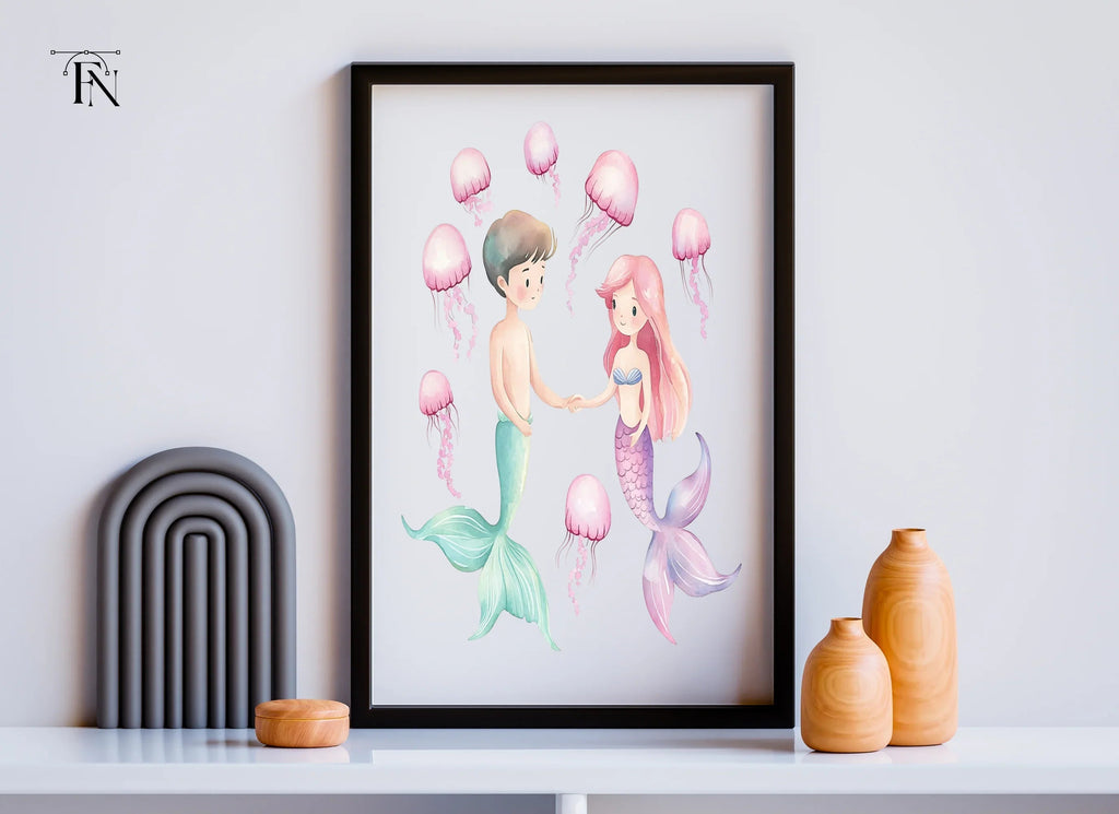 Adorable Mermaid Couple with Jellyfish Clipart Bundle