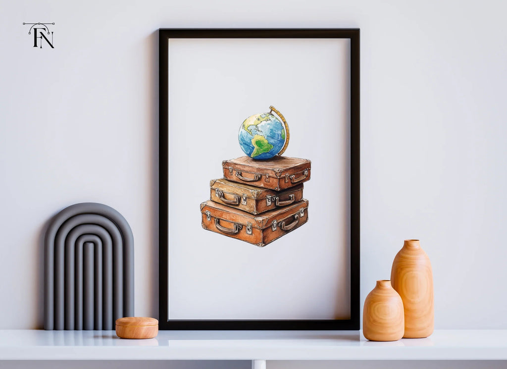 Vintage Travel Suitcases with Globe Clipart Bundle