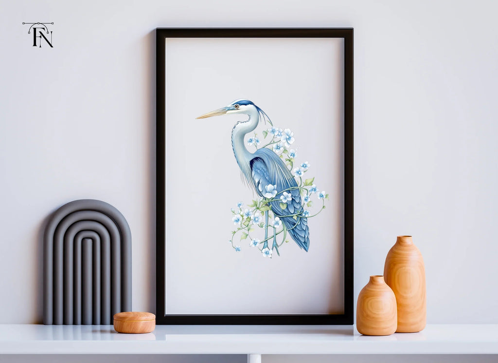 Elegant Blue Heron with White Flowers Clipart Bundle