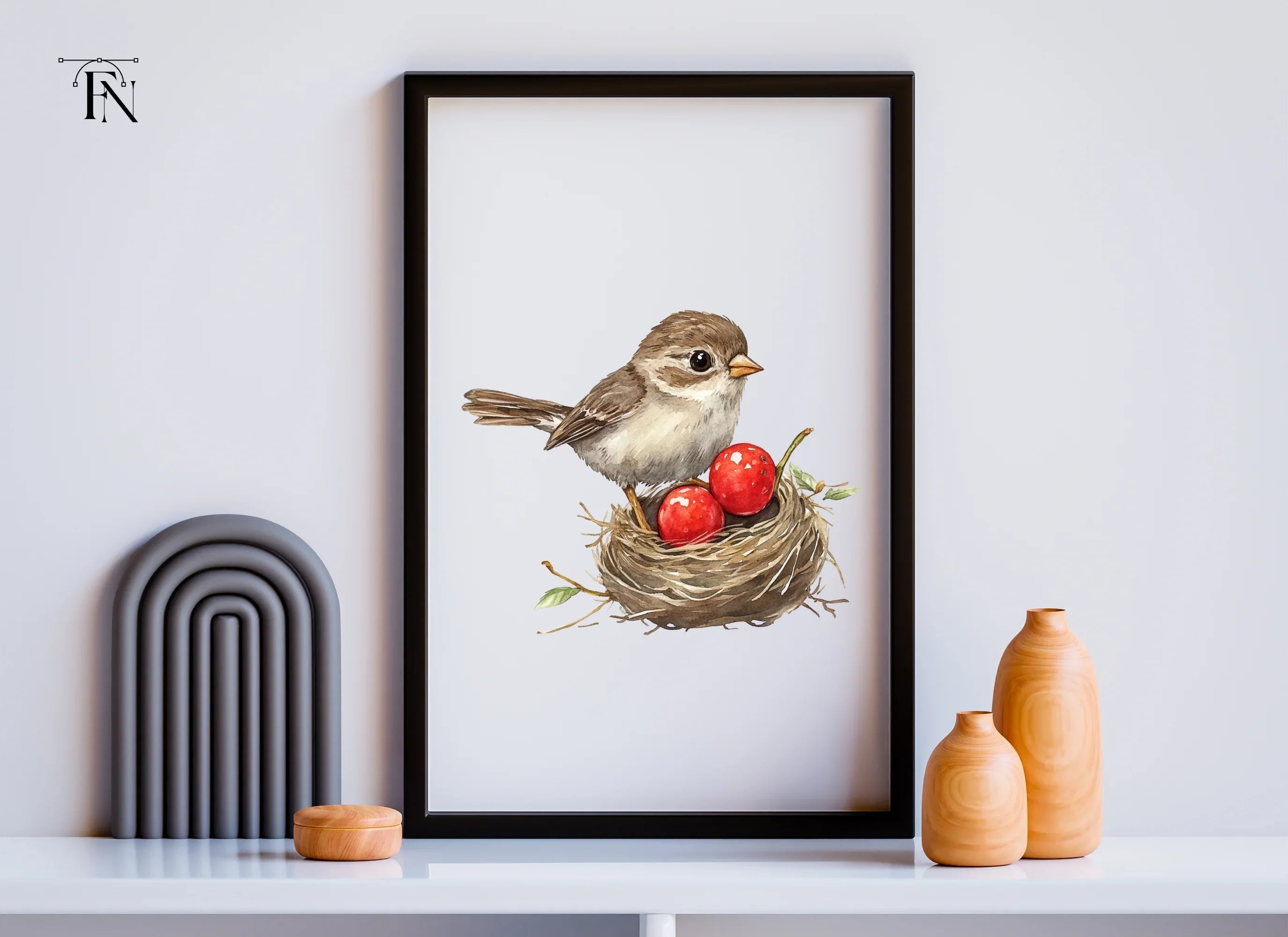 Cute Bird in Nest with Red Berries Clipart Bundle
