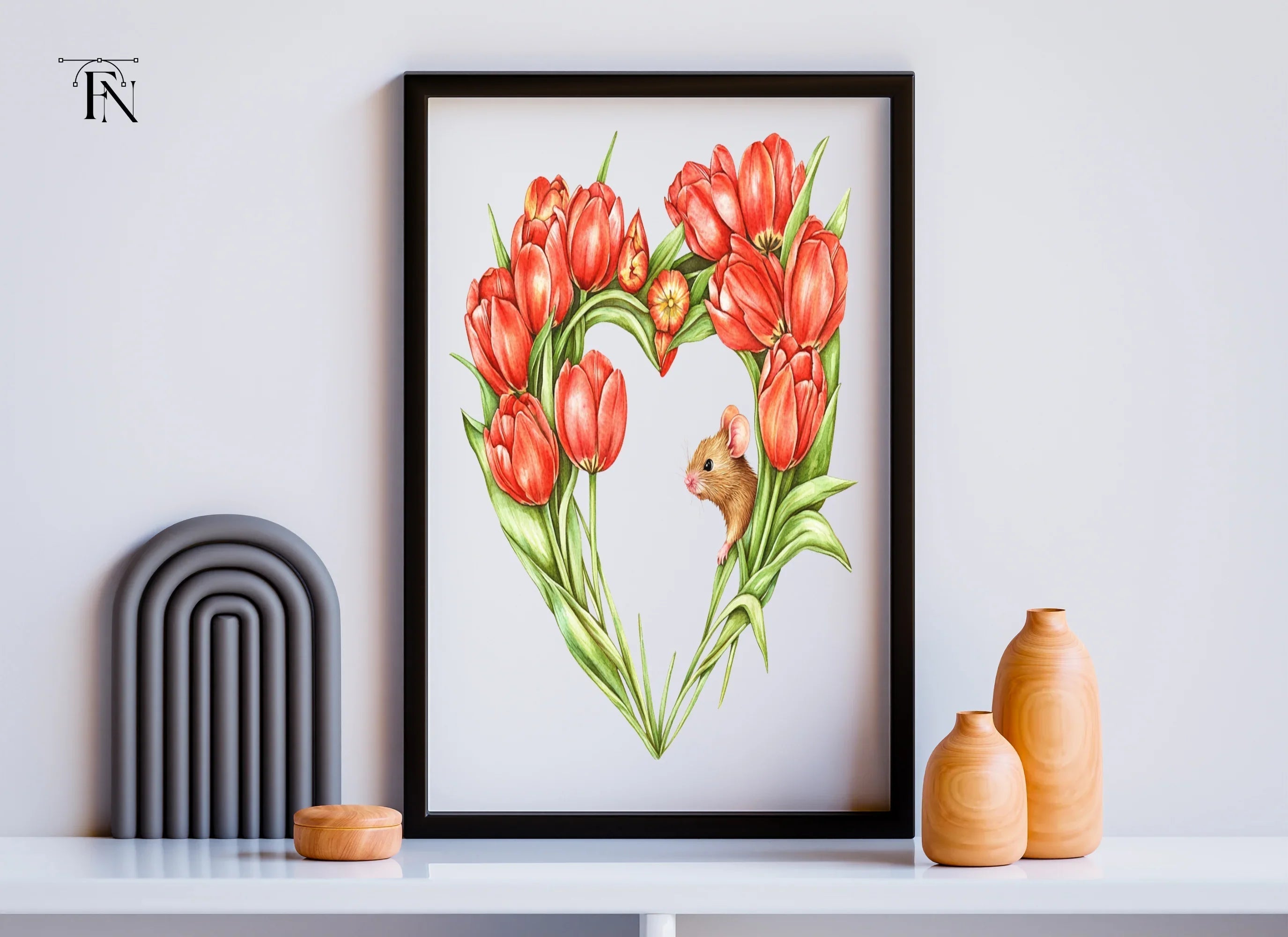 Tulip Heart with Cute Mouse Clipart Bundle