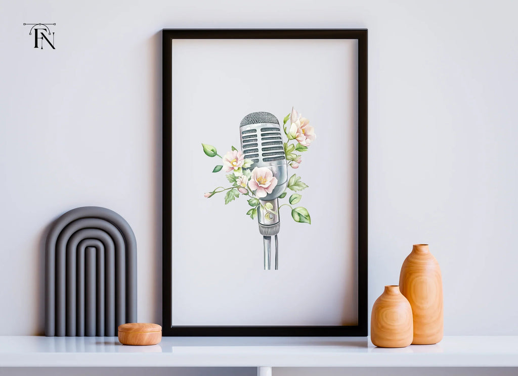 Vintage Microphones with Pink Flowers Clipart Bundle