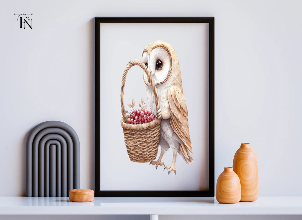 Cute Barn Owl with Berry Basket Clipart Bundle