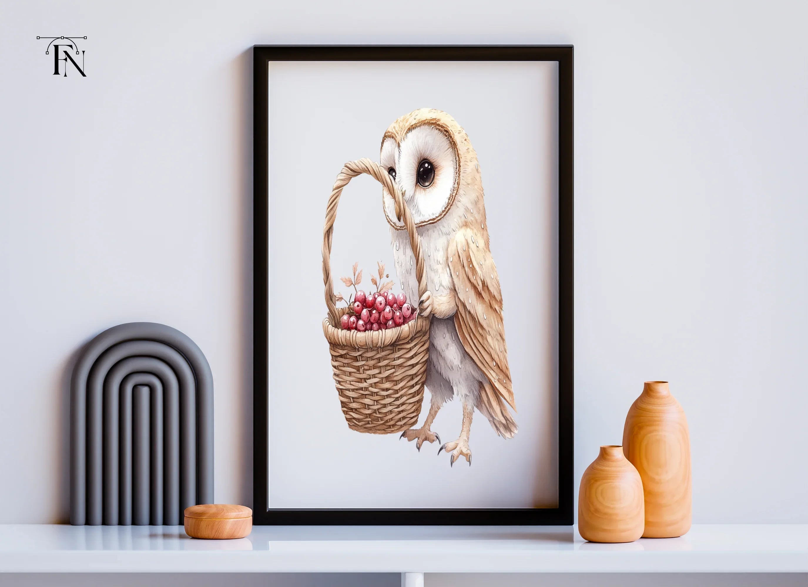 Cute Barn Owl with Berry Basket Clipart Bundle