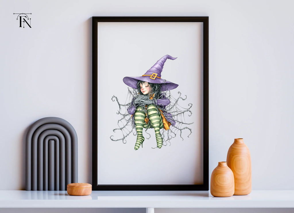 Sleeping Witches in Spiderwebs Clipart Bundle