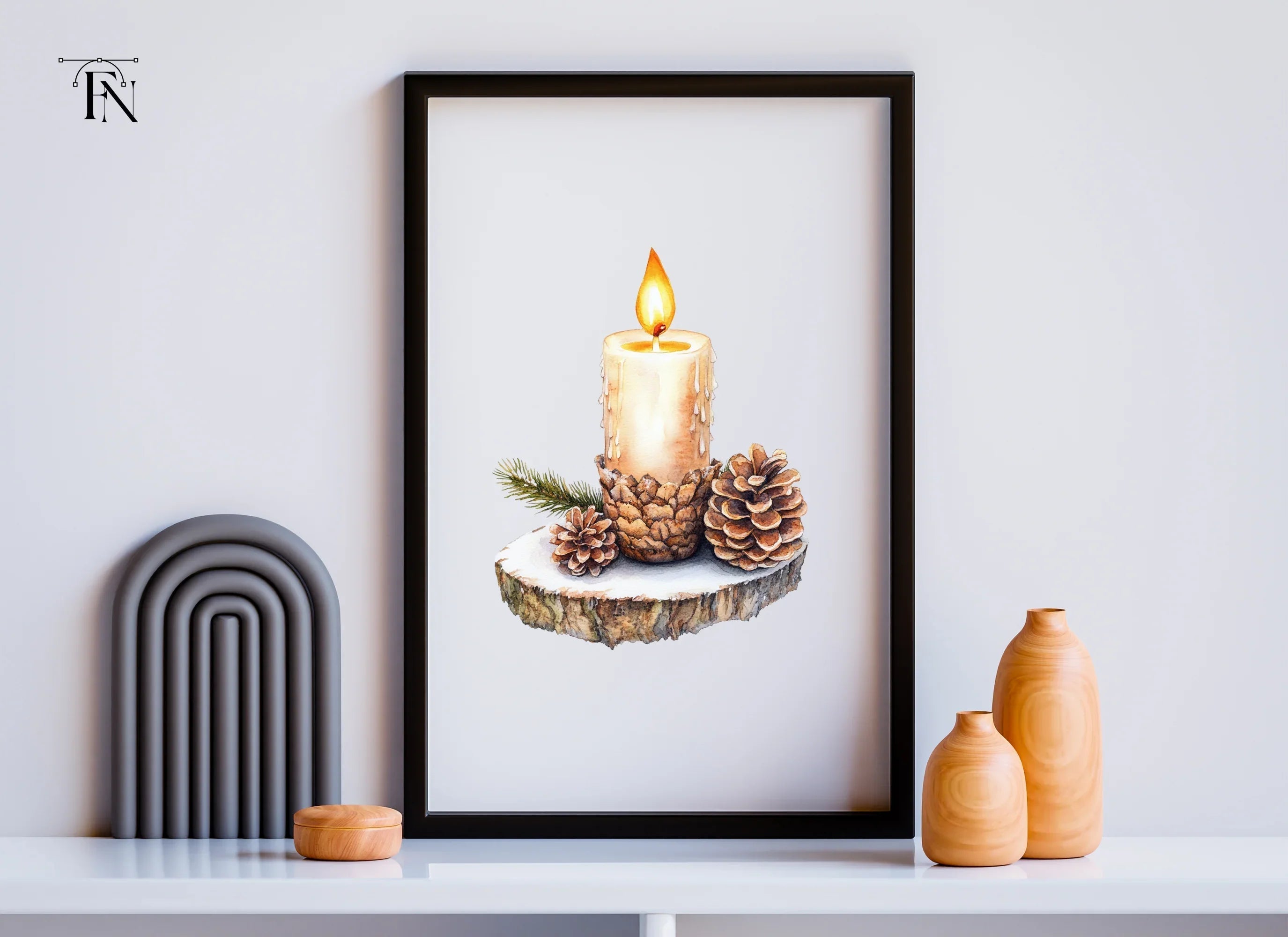 Winter Candle Pinecone Wood Slice Clipart Bundle