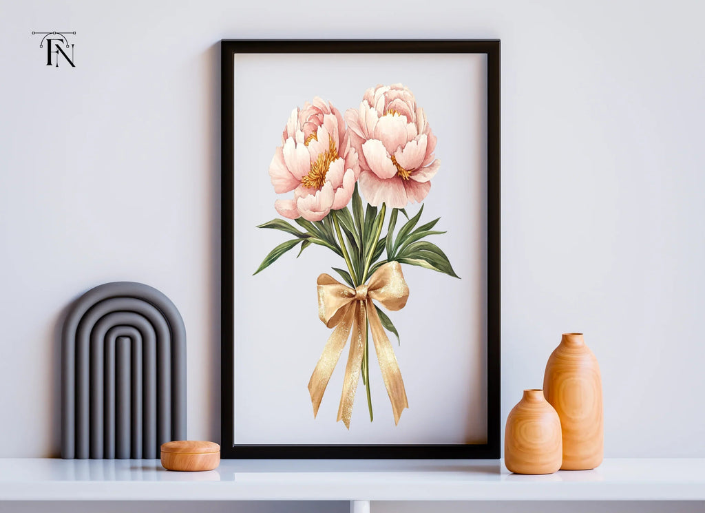 Pink Peony Bouquets with Gold Ribbons Clipart Bundle