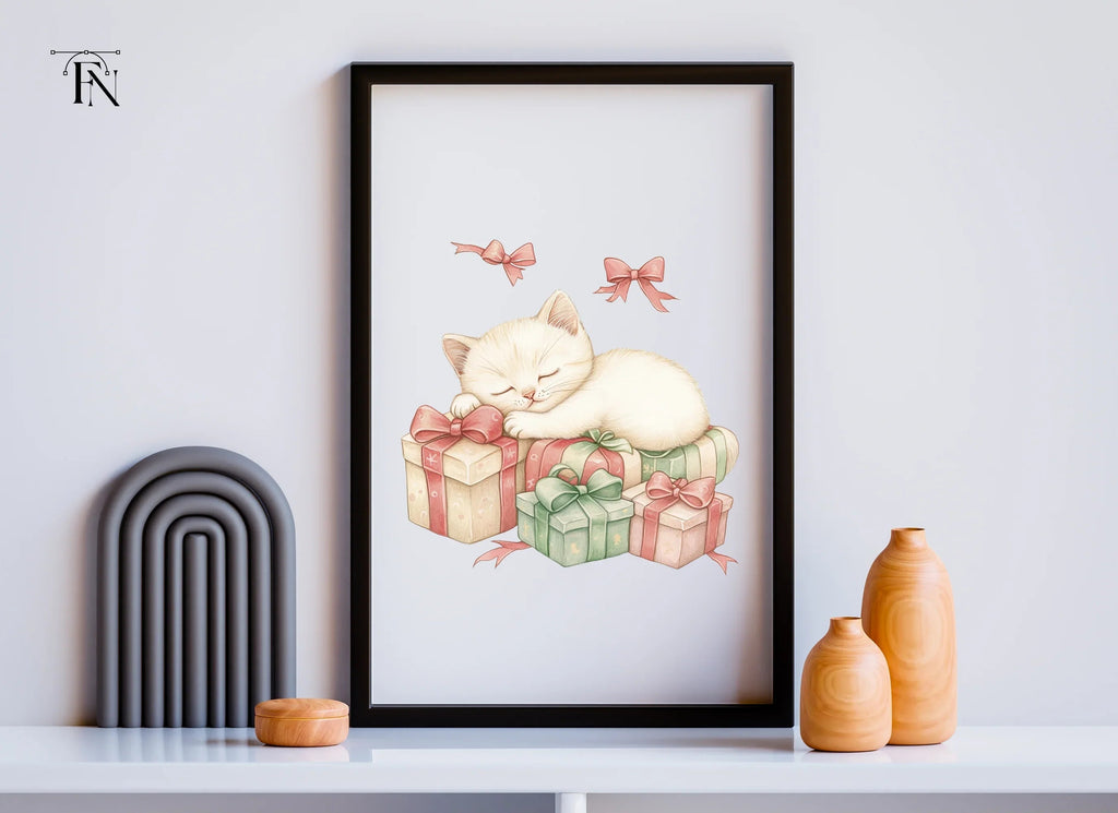 White Kitten Sleeping on Pink Gifts Clipart Bundle