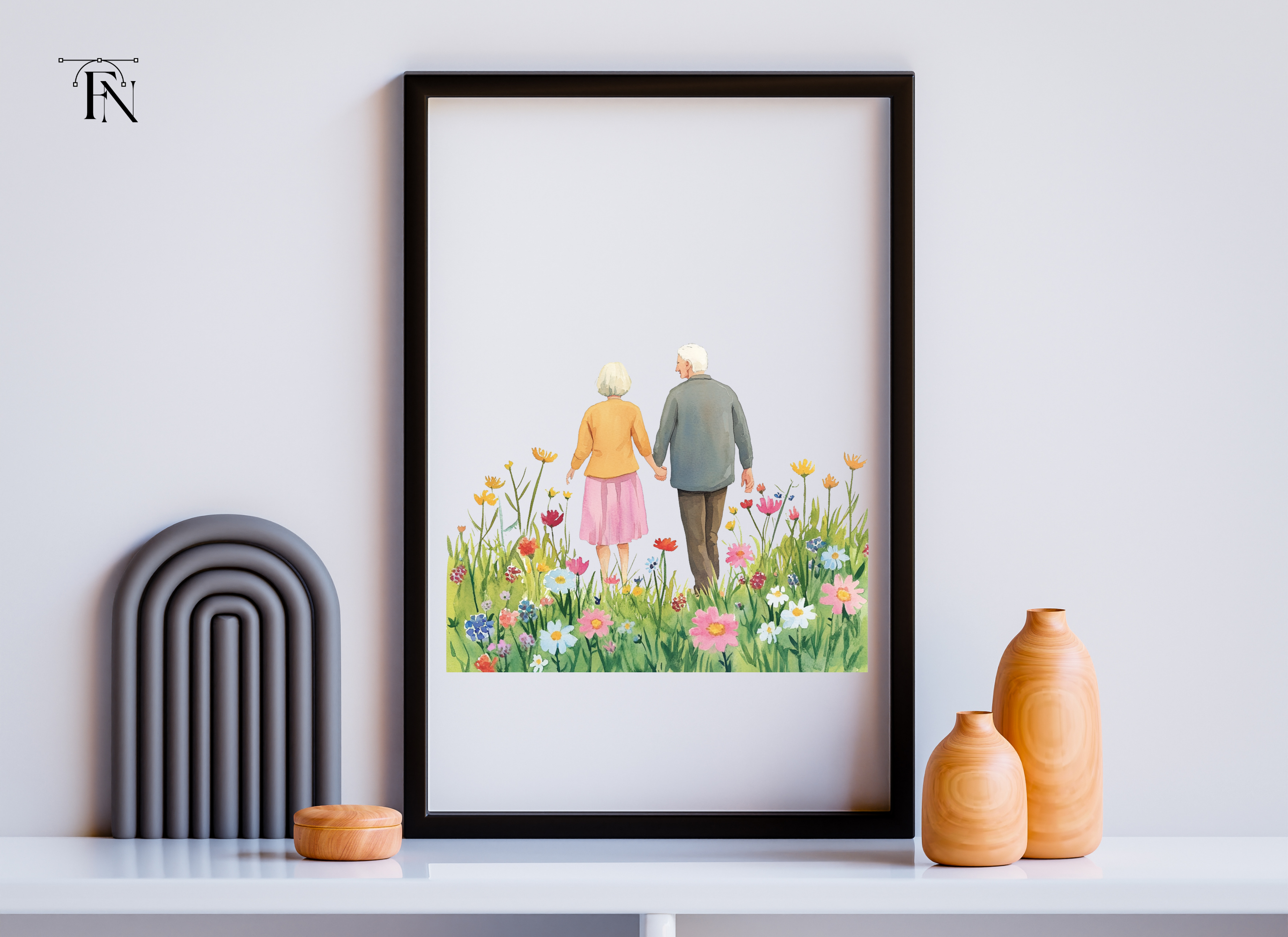 Elderly Couple Walking in Flower Field Clipart Bundle