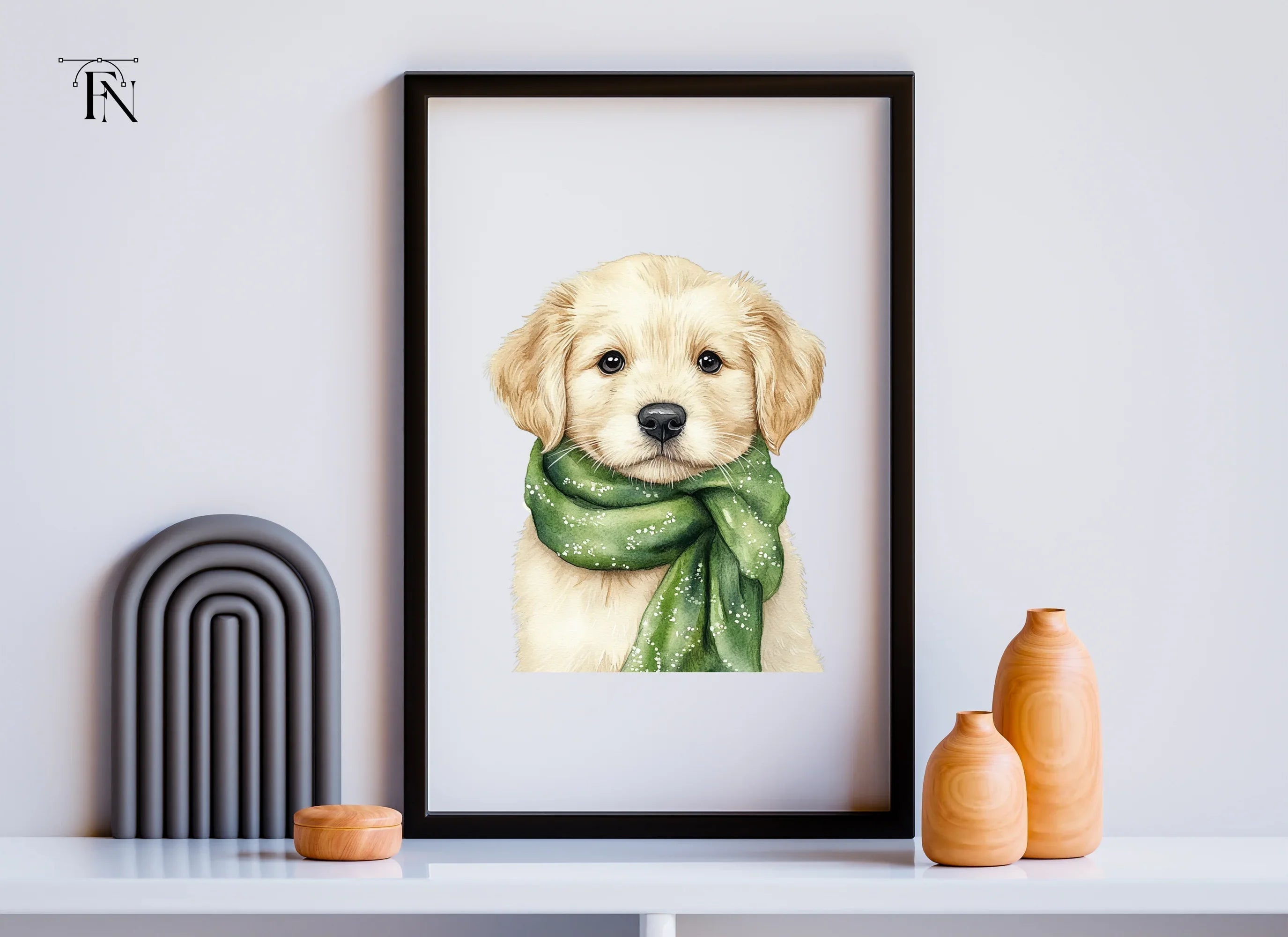Golden Retriever Puppy with Green Scarf Clipart Bundle