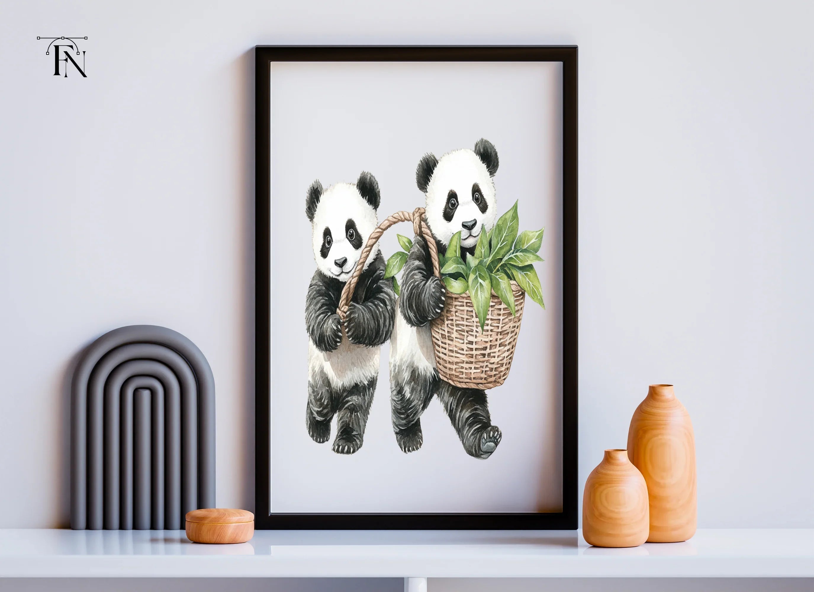Panda with Baskets of Leaves Clipart Bundle