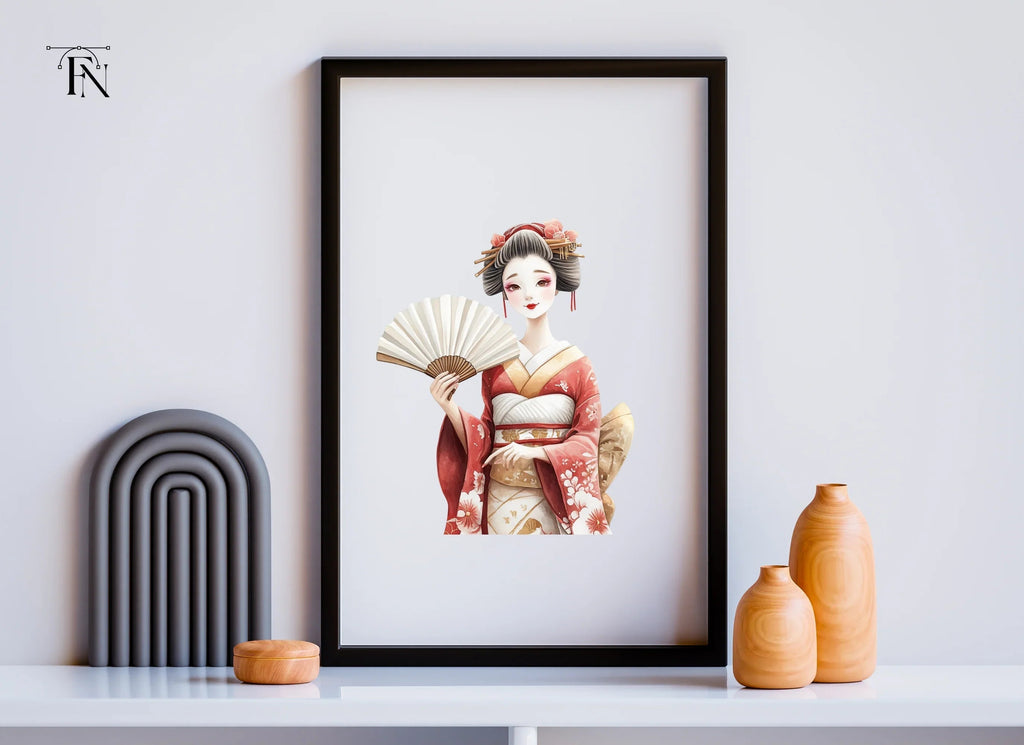 Vibrant Geisha with Fans Clipart Bundle