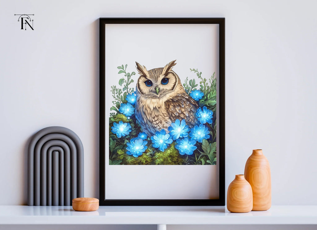 Enchanted Owl with Glowing Blue Flowers Clipart Bundle