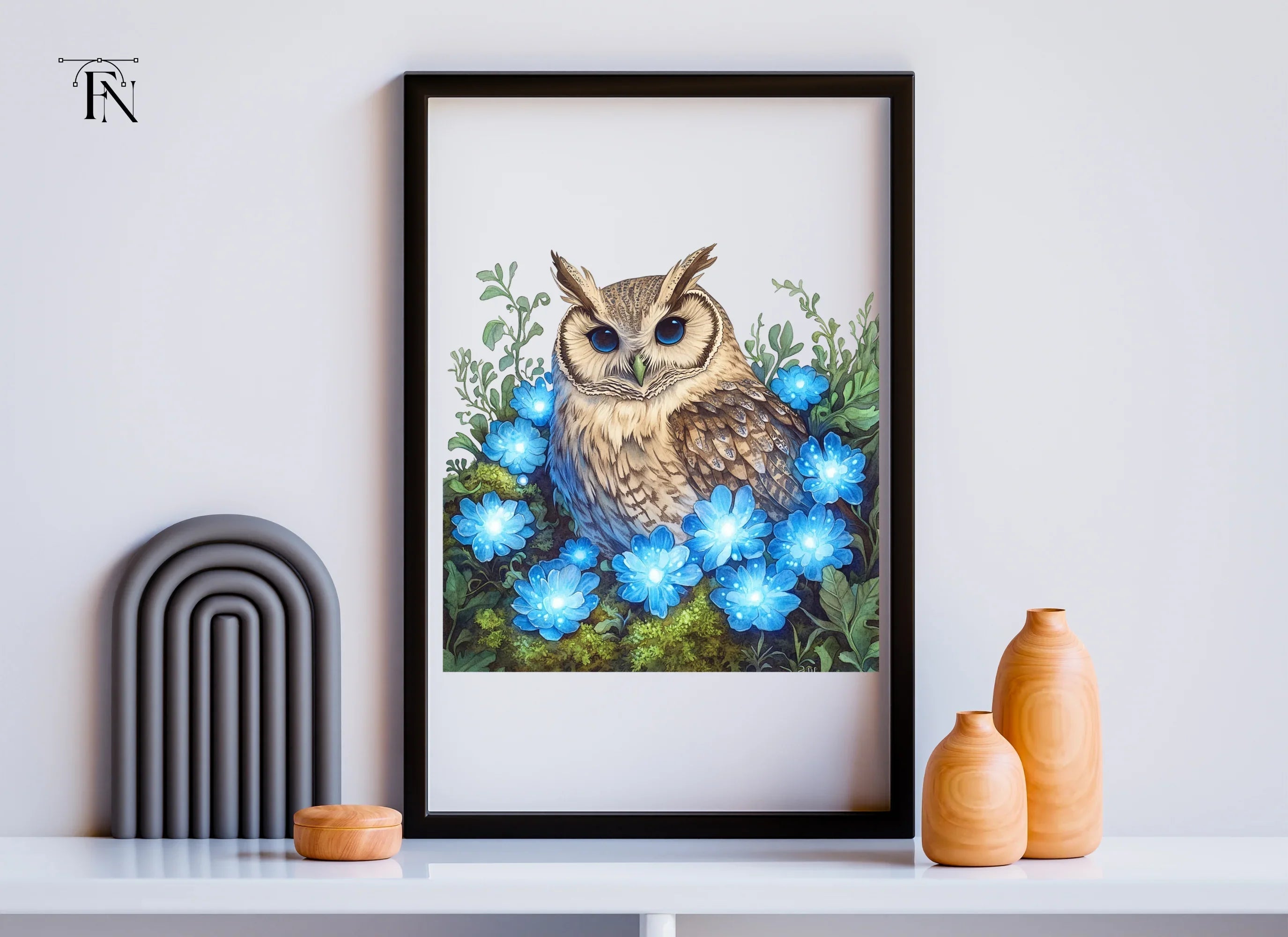 Enchanted Owl with Glowing Blue Flowers Clipart Bundle
