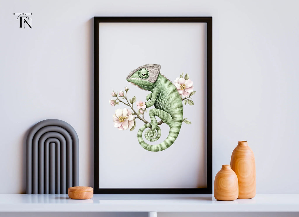 Chameleon on Branch with Pink Flowers Clipart Bundle