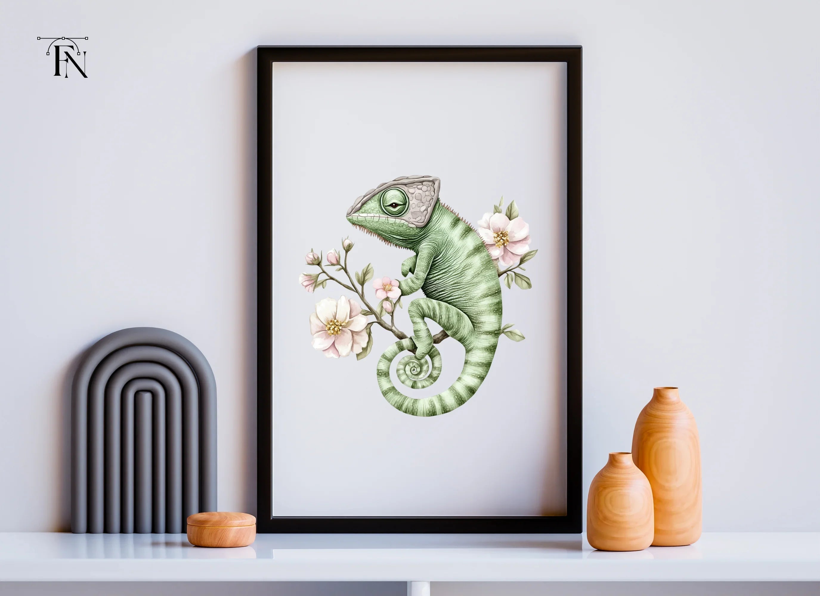 Chameleon on Branch with Pink Flowers Clipart Bundle