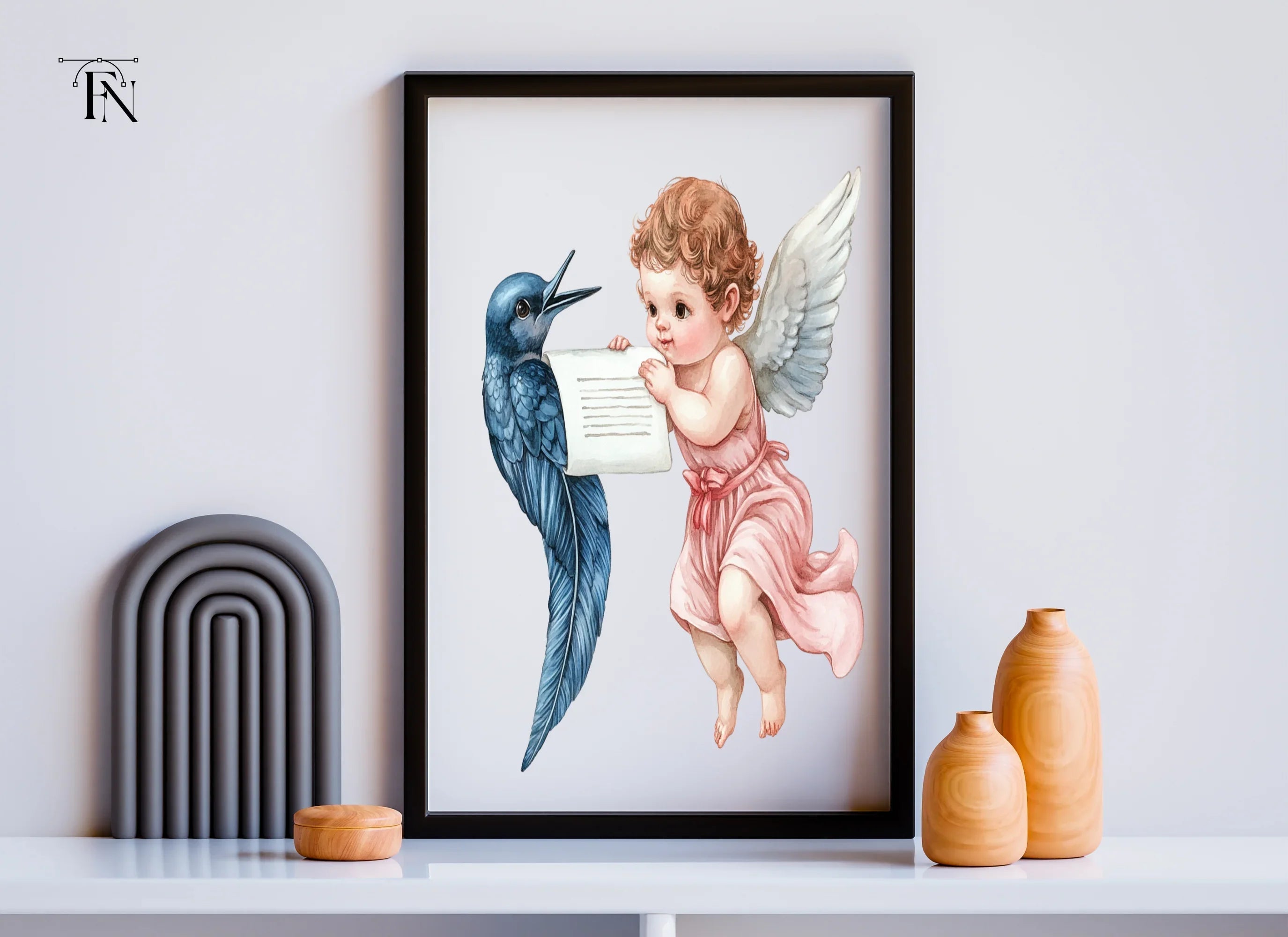 Cute Cherubs with Birds and Scrolls Clipart Bundle