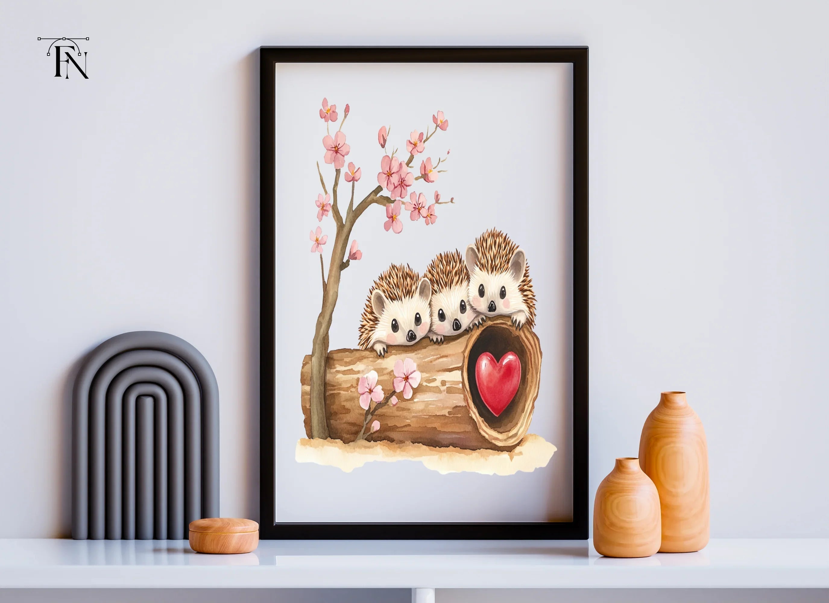 Hedgehogs in Log with Cherry Blossoms Clipart Bundle