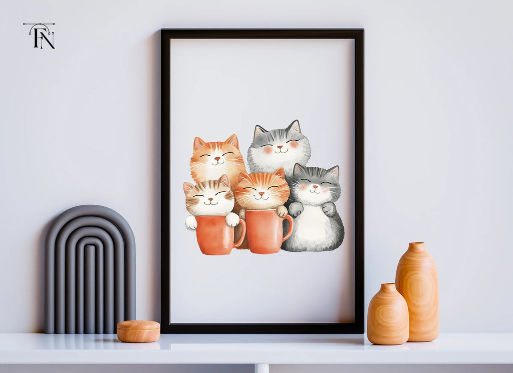 Happy Cats in Mugs Clipart Bundle