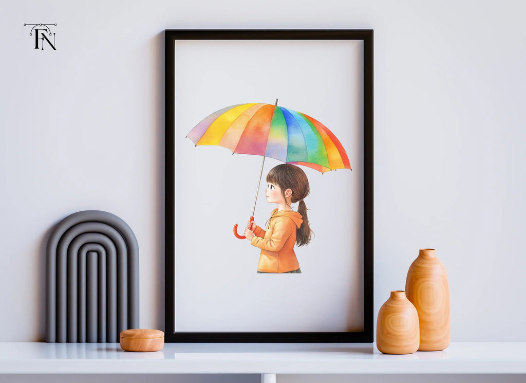 Girl with Rainbow Umbrella Clipart Bundle
