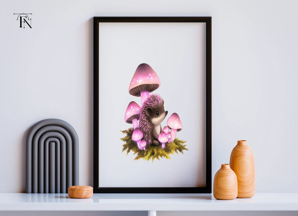Fantasy Hedgehogs with Pink Mushrooms Clipart Bundle