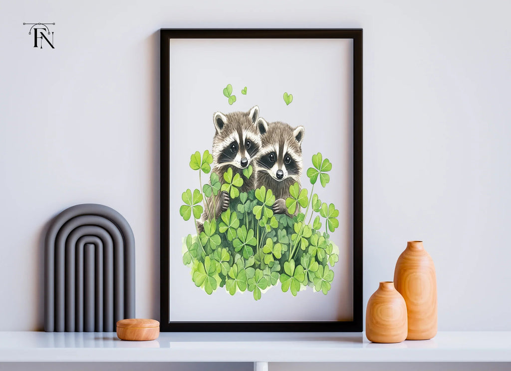 Cute Raccoons in Lucky Clover Clipart Bundle