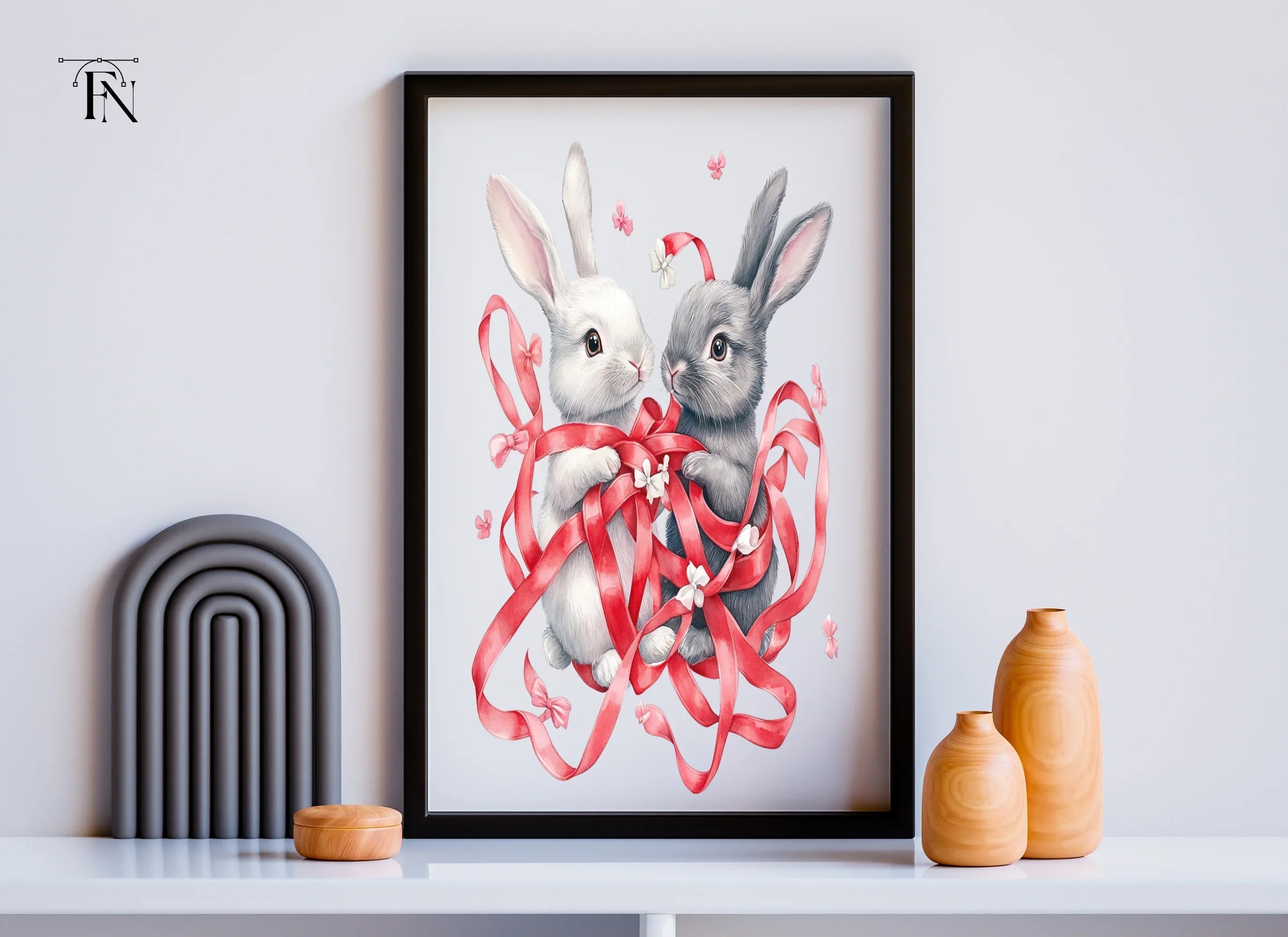Cute Bunny Couple with Red Ribbons Clipart Bundle