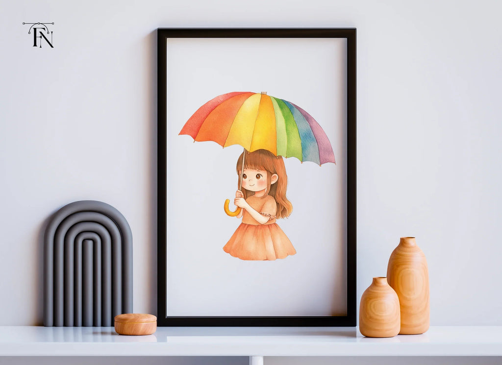 Cute Girl with Rainbow Umbrella Clipart Bundle