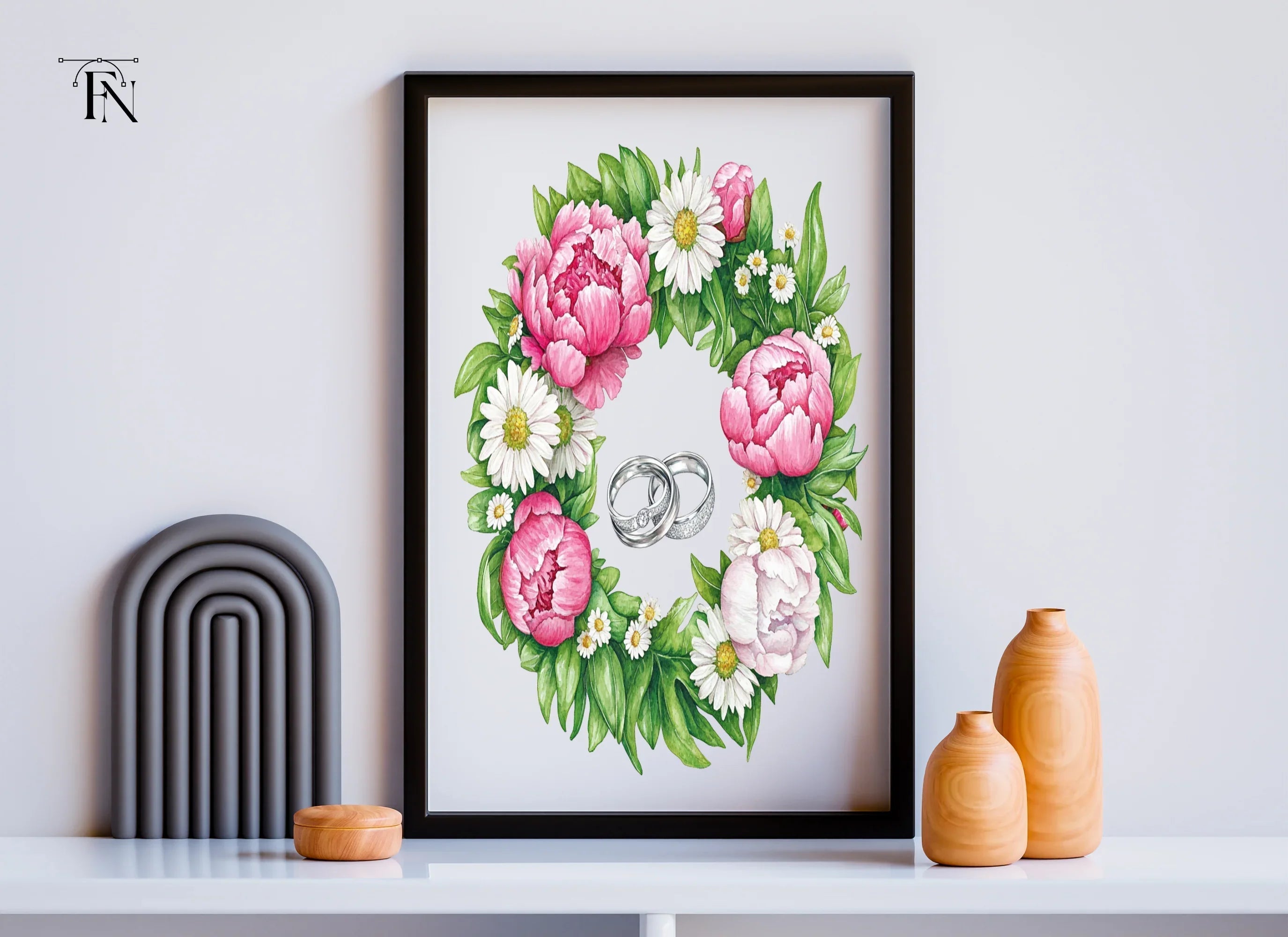 Pink Peony and Daisy Wedding Wreath Clipart Bundle
