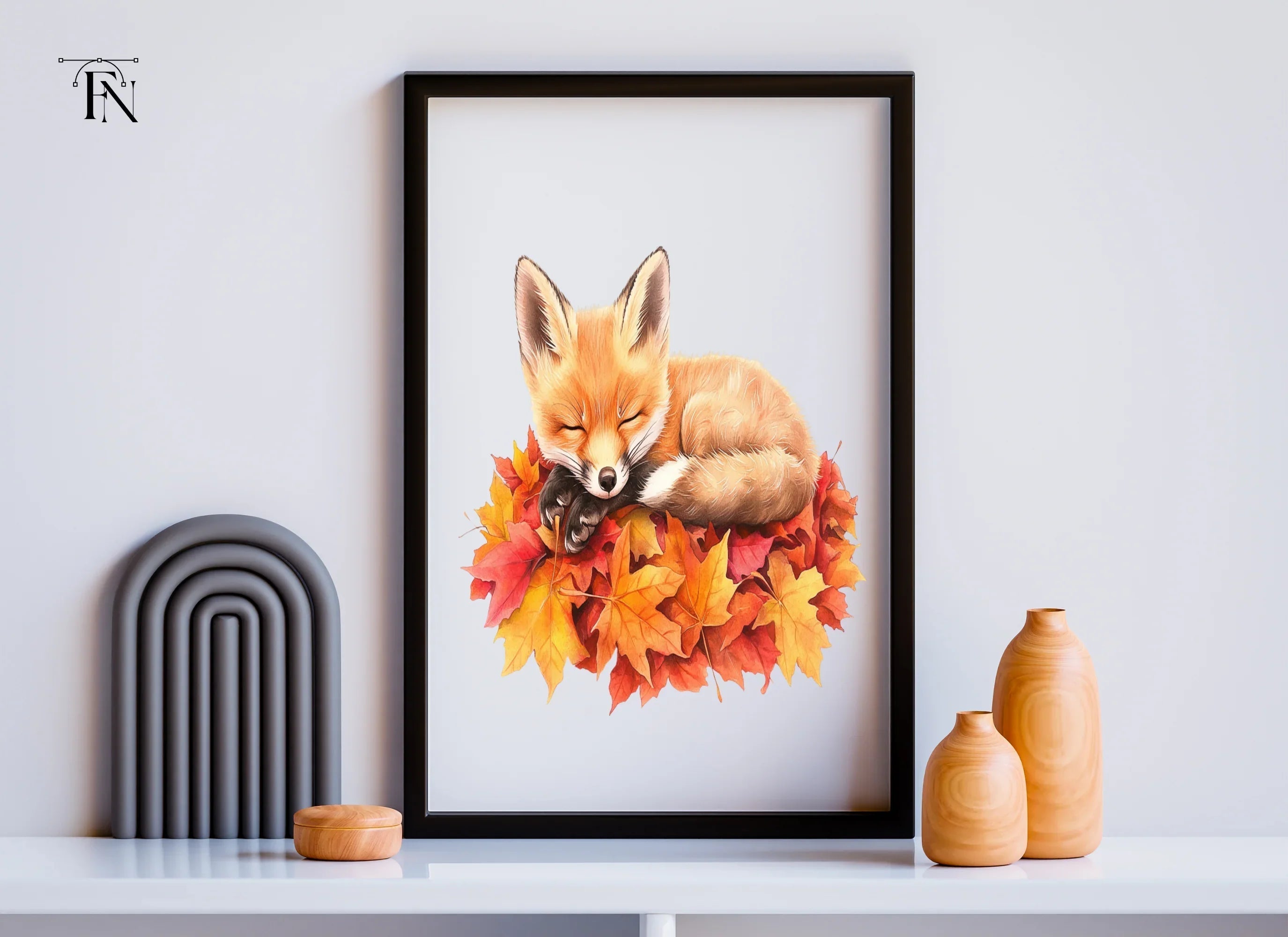 Cute Sleeping Fox on Autumn Leaves Clipart Bundle
