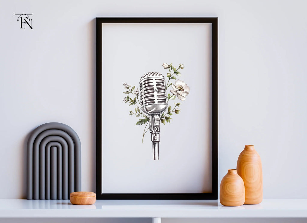 Retro Microphone with White Flowers Clipart Bundle