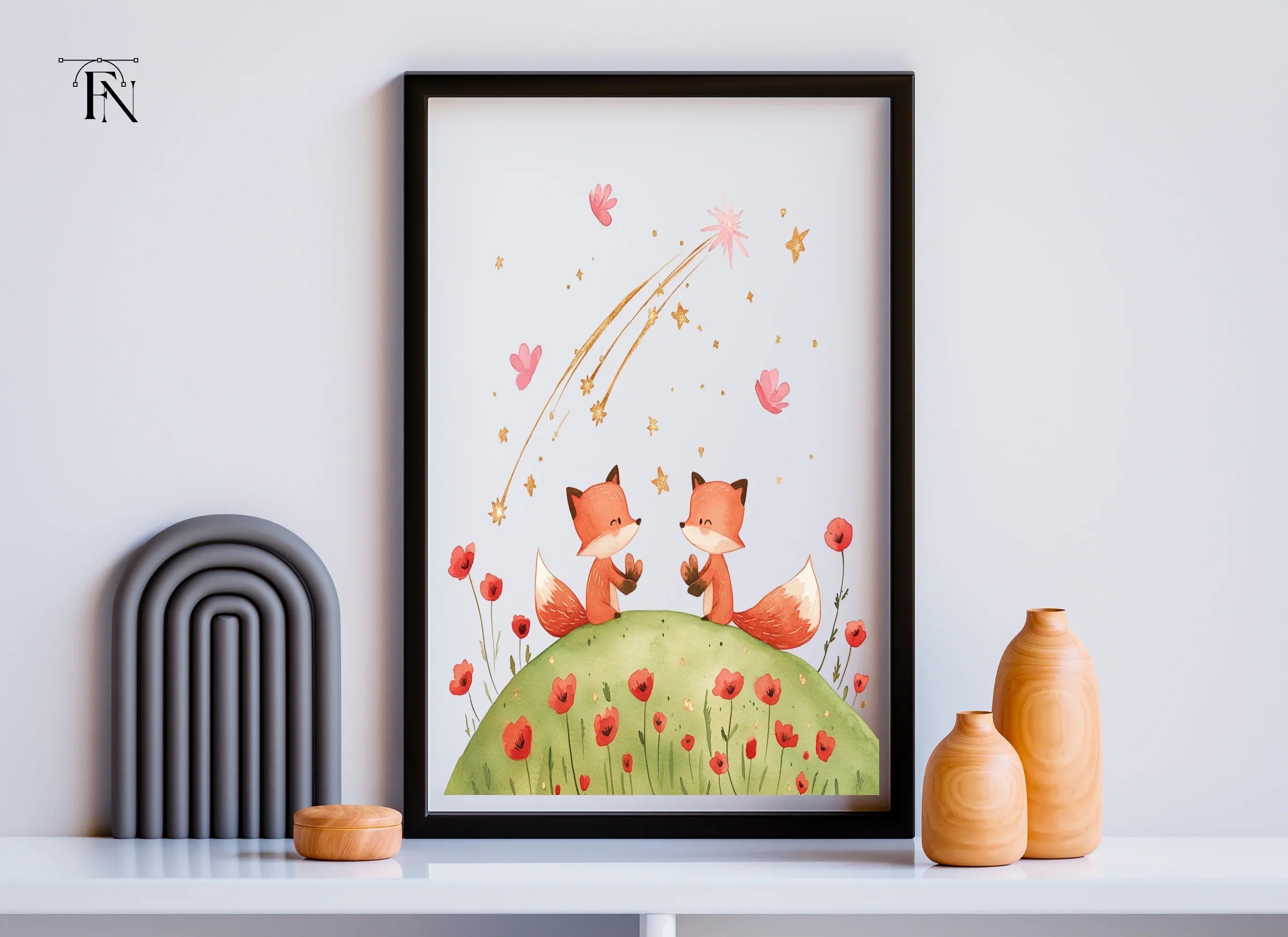 Cute Foxes Under Shooting Star Clipart Bundle