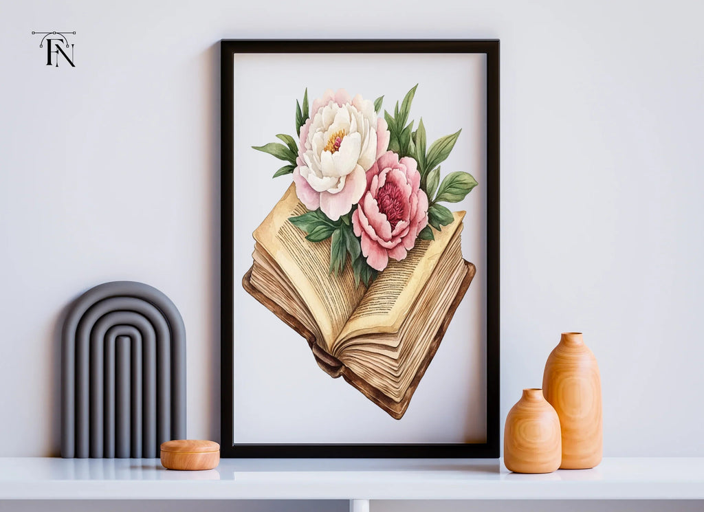 Vintage Books and Peony Flowers Clipart Bundle