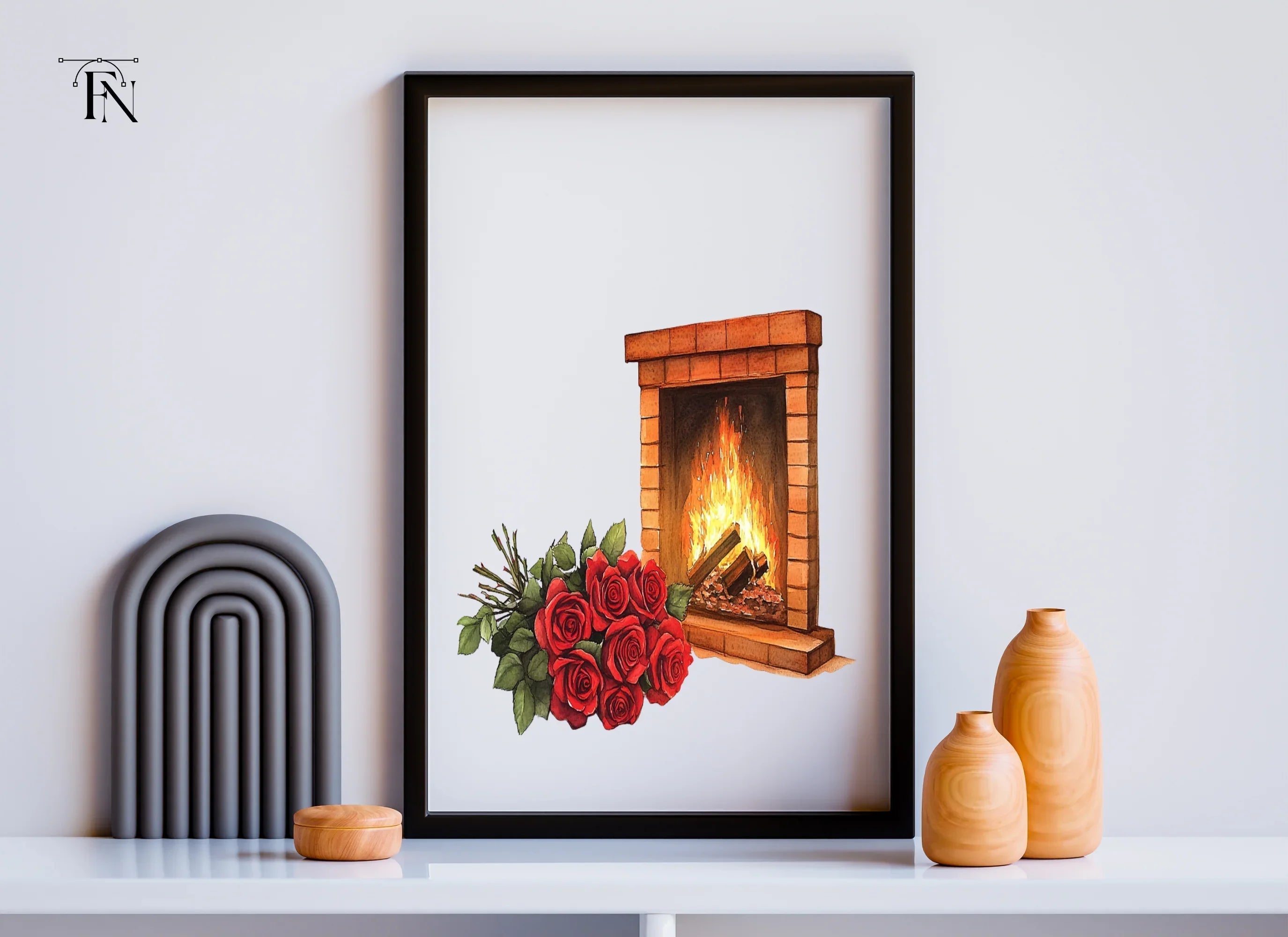 Cozy Fireplace with Red Roses Clipart Bundle