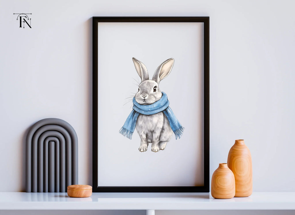 Cute Grey Bunnies with Blue Scarves Clipart Bundle