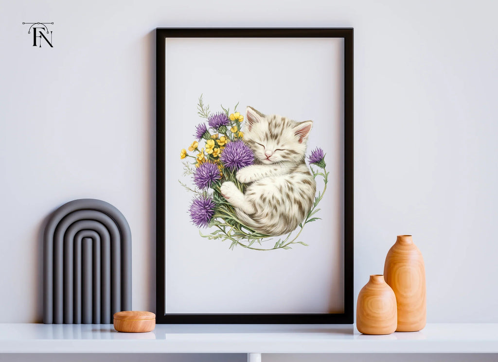 Sleeping Kitten in Wildflower Bouquet Clipart Bundle