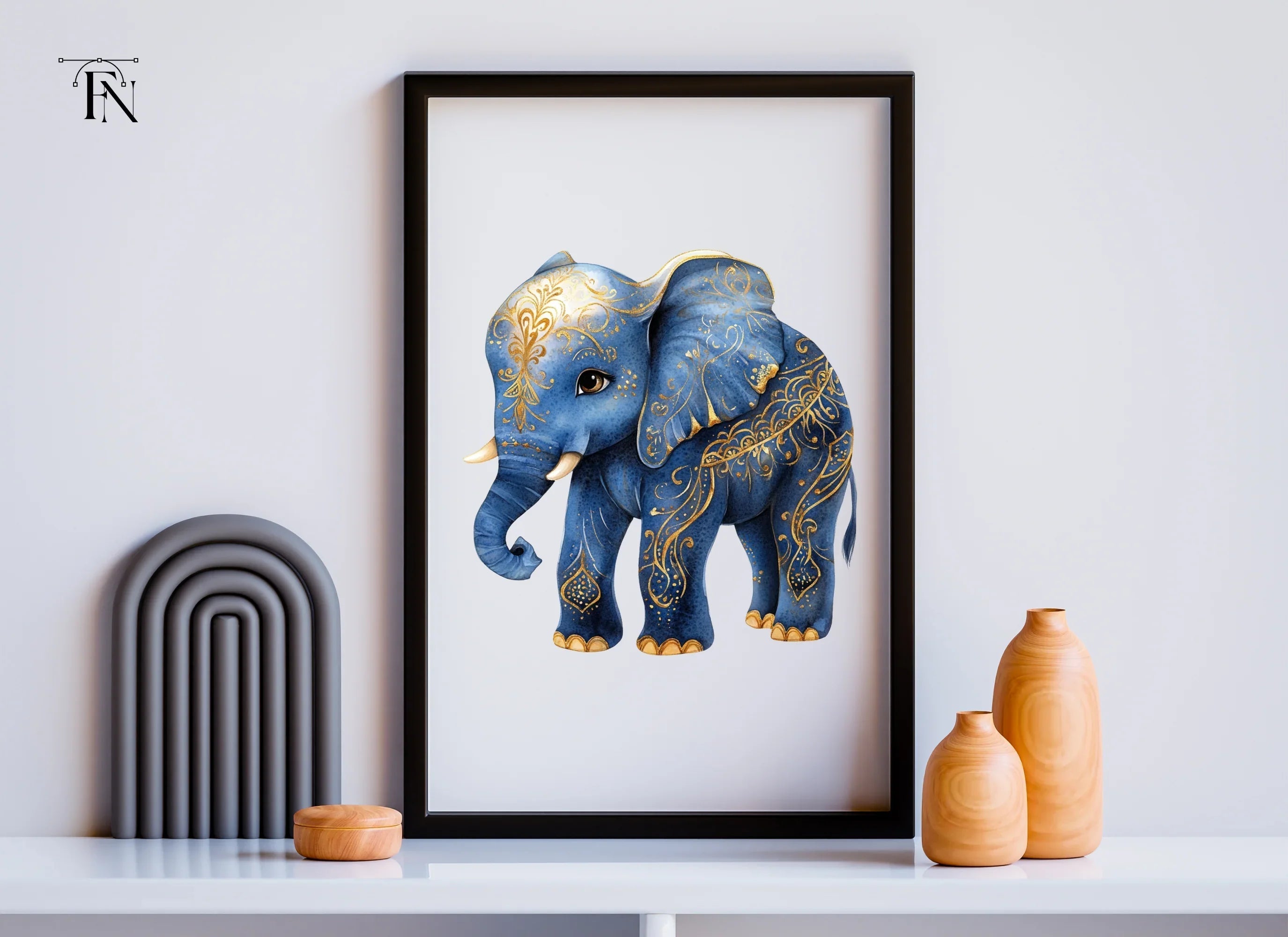 Blue Elephant with Golden Ornaments Clipart Bundle