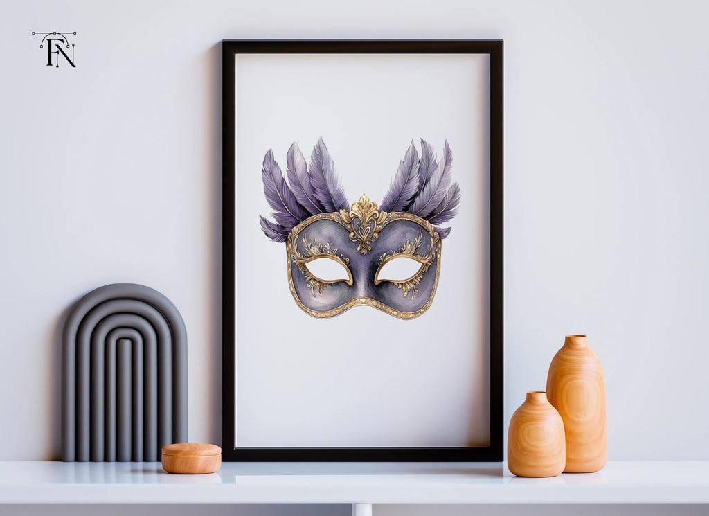 Elegant Purple Feathered Masquerade Mask Clipart Bundle